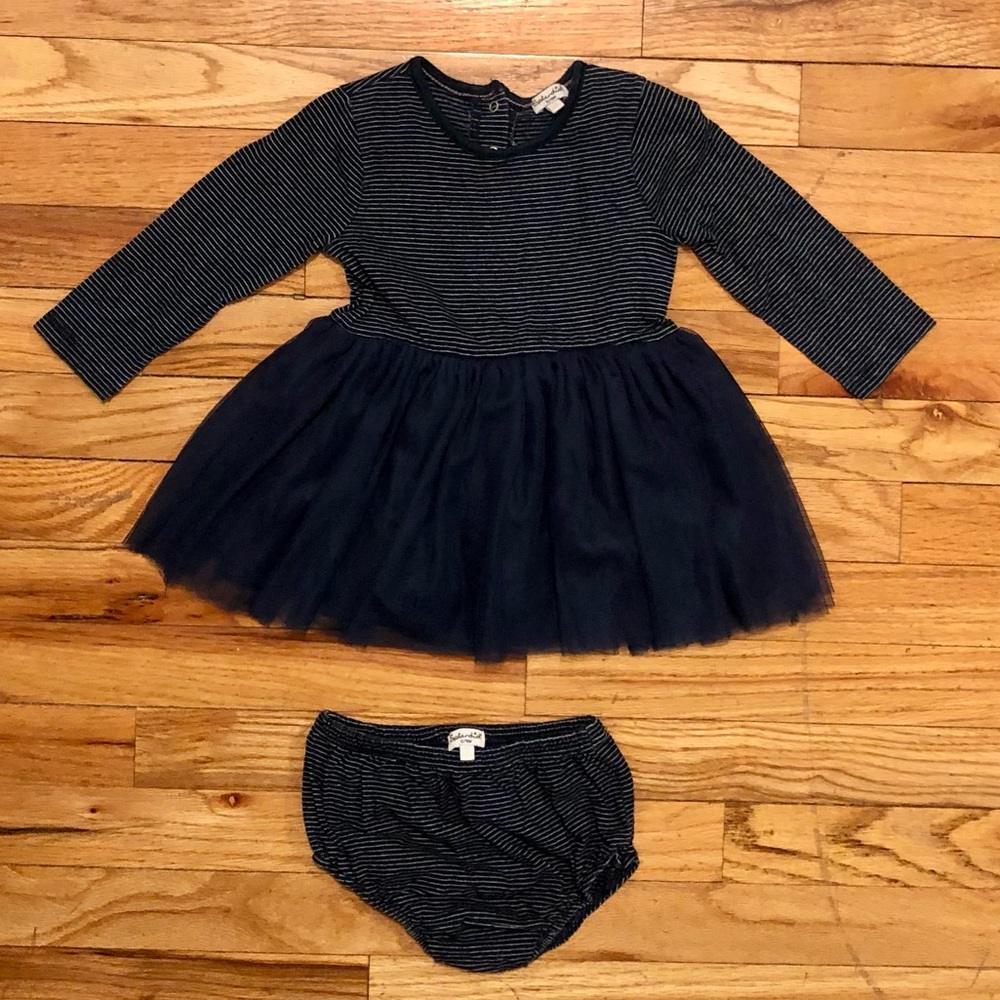 Splendid navy & white stripe long sleeve dress w/ tulle skirt & bloomers, 12-18M - Picture 1 of 6